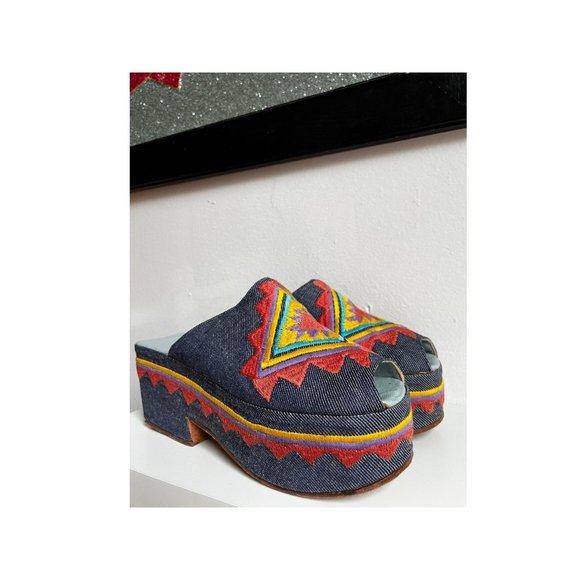 Vintage 60s Edouard Jerrold Denim Platform MulesEmbroidered SouthwestSz 6